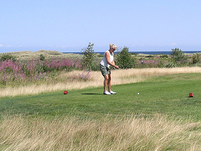 Golfer mit Heidekraut und Meer im Hintergrund